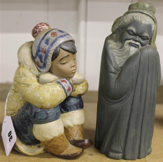 Lladro matt-glazed seated Eskimo Boy & similar figure of a Chinese Immortal (2)